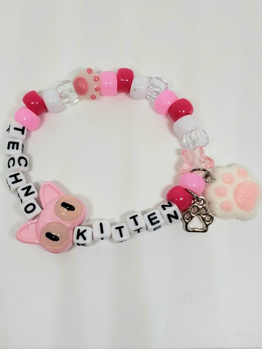 Handmade Pink Kawaii Techno Kitten Charm Kandi Bracelet